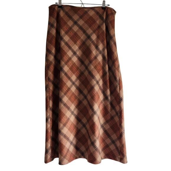 Ann Taylor Loft Plaid Wool Blend Long Skirt Brown Orange Size 14 - Picture 2 of 8